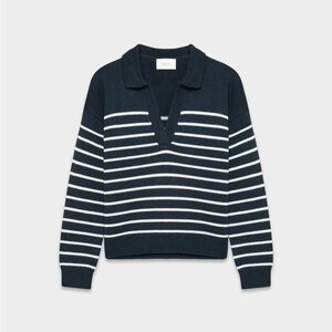 Wilfred Navy and White Striped Collared V-Neck Sweater